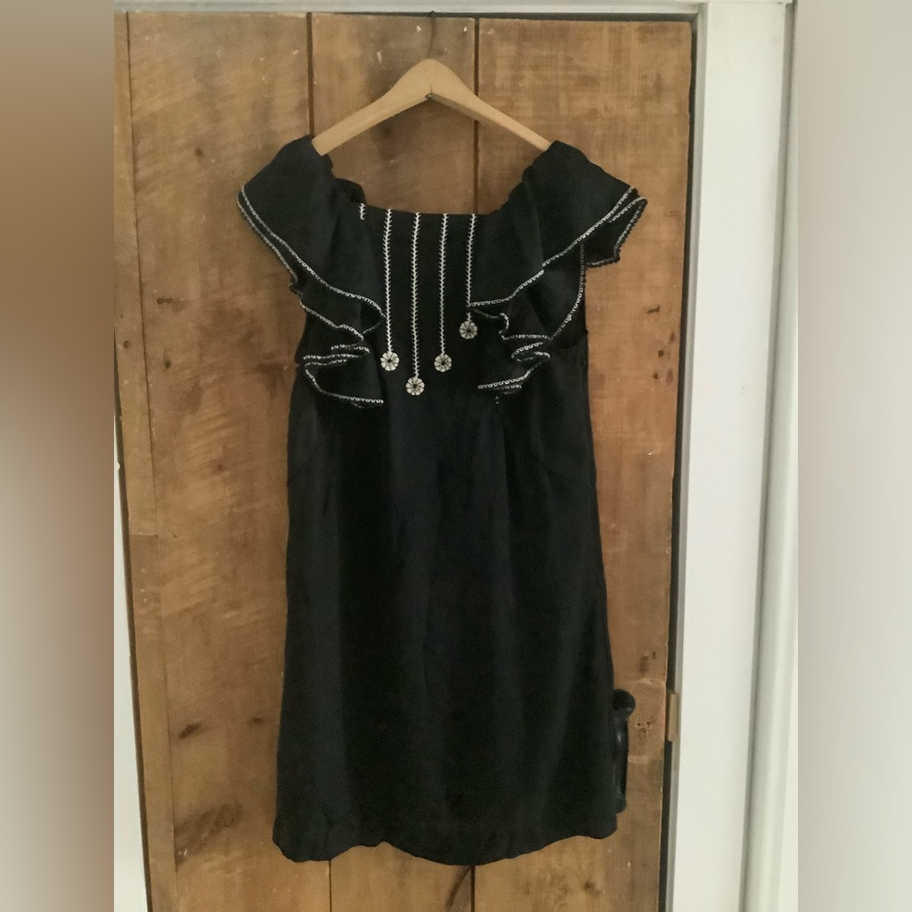 Bcbg black mini ruffle dress embroidered size s